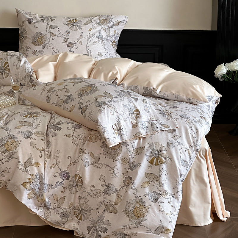Luxurious satin bedding set with delicate rose patterns and button placket