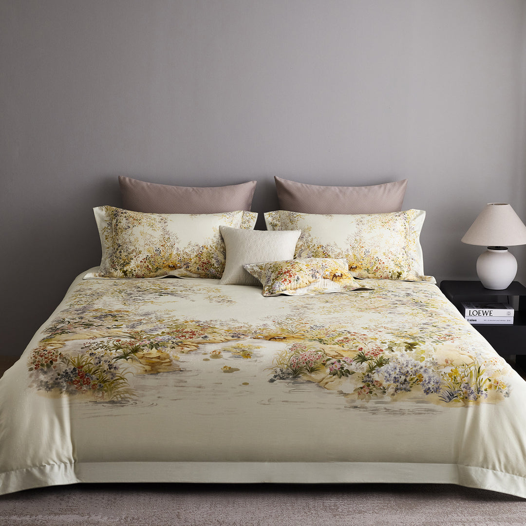 Botanical Watercolor Cotton Sateen Duvet Cover Set with Euro Shams