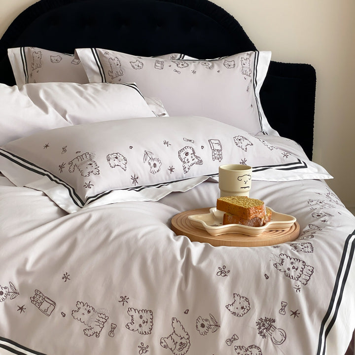 Cotton satin bed linen set with cute dog sketch embroidery and contrast piping