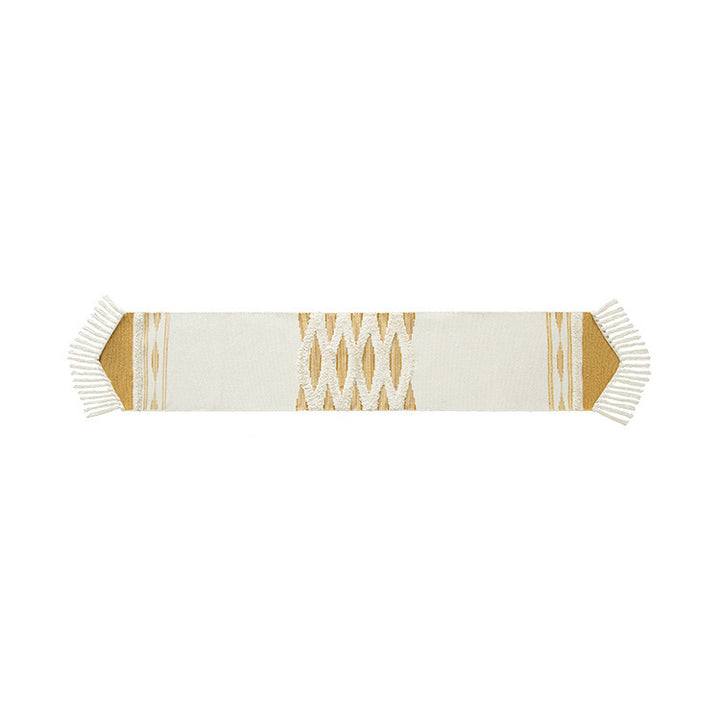 Handwoven cotton-linen table runner with fringes and textured decorative stripe