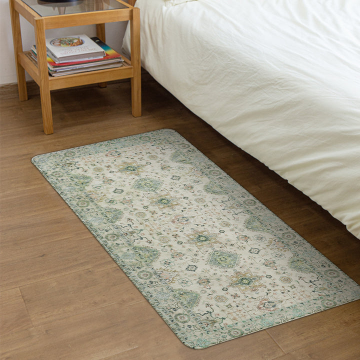 Vintage-inspired flat-woven runner with oriental medallion design and low pile
