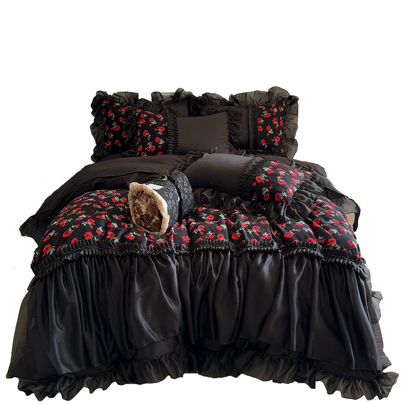 Luxury Romantic Ruffled Floral Satin Duvet Cover Bedding Set