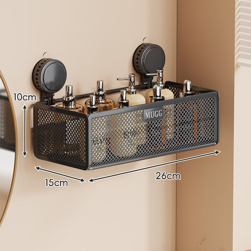 Wall-Mounted Suction Mesh Bathroom Organizer Shelf with Multi-Hook Rack