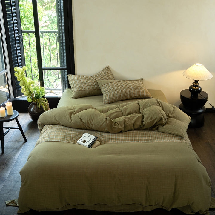 Cotton bedding set with check stripe and washed linen texture