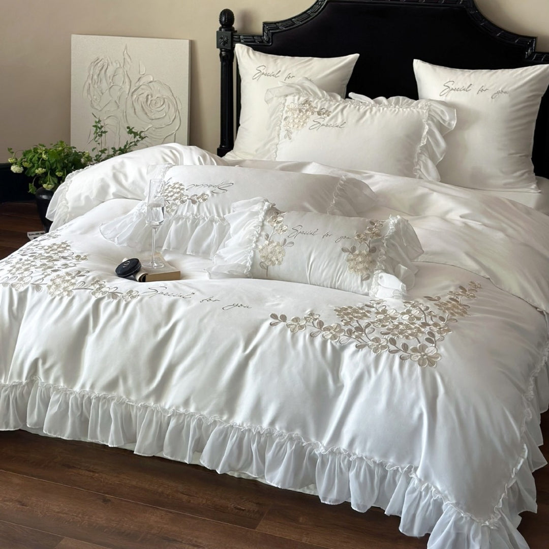 Romantic Ruffled Satin‑Feel Floral Appliqué Duvet Cover Ensemble