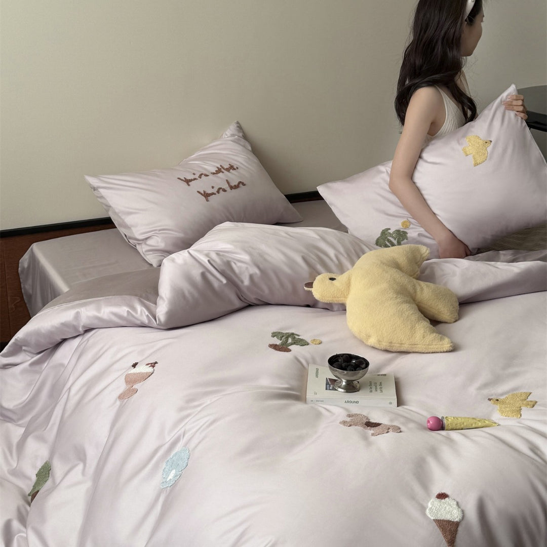 Playful Embroidered Satin-Feel Duvet Cover & Sheet Set