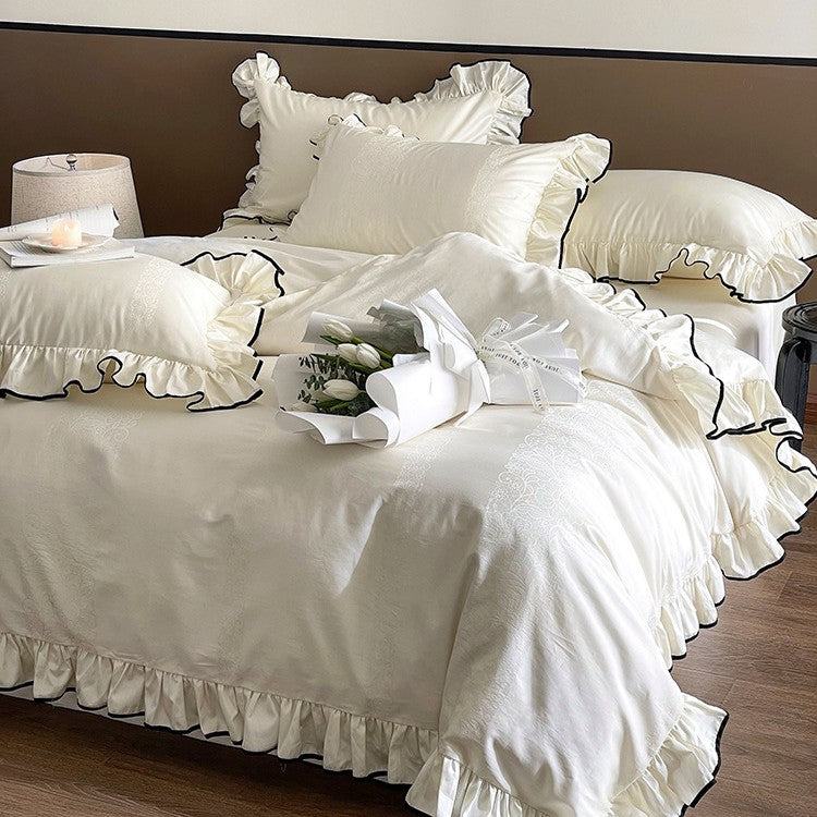 Ruffled Cotton-Sateen Duvet Cover Set with Contrasting Piped Edge and Jacquard Detail