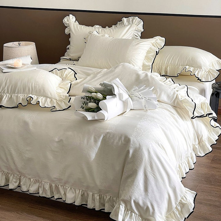 Ruffled Cotton-Sateen Duvet Cover Set with Contrasting Piped Edge and Jacquard Detail