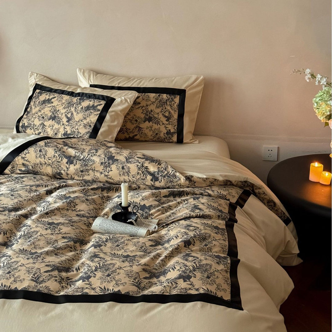 Floral Toile Satin-Trim Duvet Cover Set with Reversible Silky Microfiber & Piped Pillow Shams