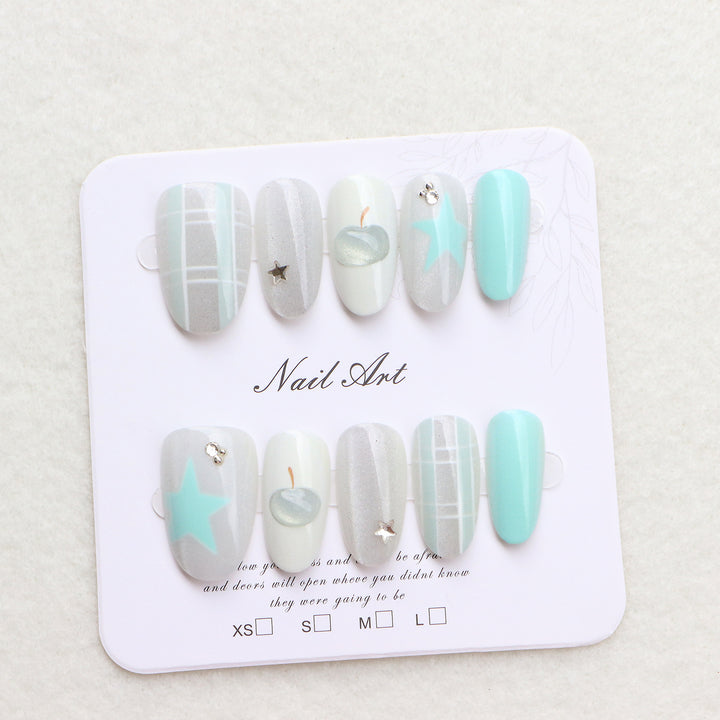 Artistic Press-On Nail Set with Star and Apple Designs Stornfield