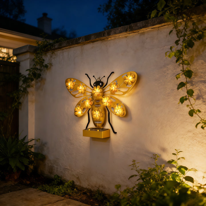 Decorative Solar LED Bee Wall Sculpture With Floral String Lights And Metal Mount Stornfield