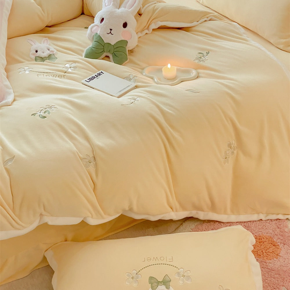 Embroidered Floral Bunny Duvet Cover & Pillowcase Bedding Set