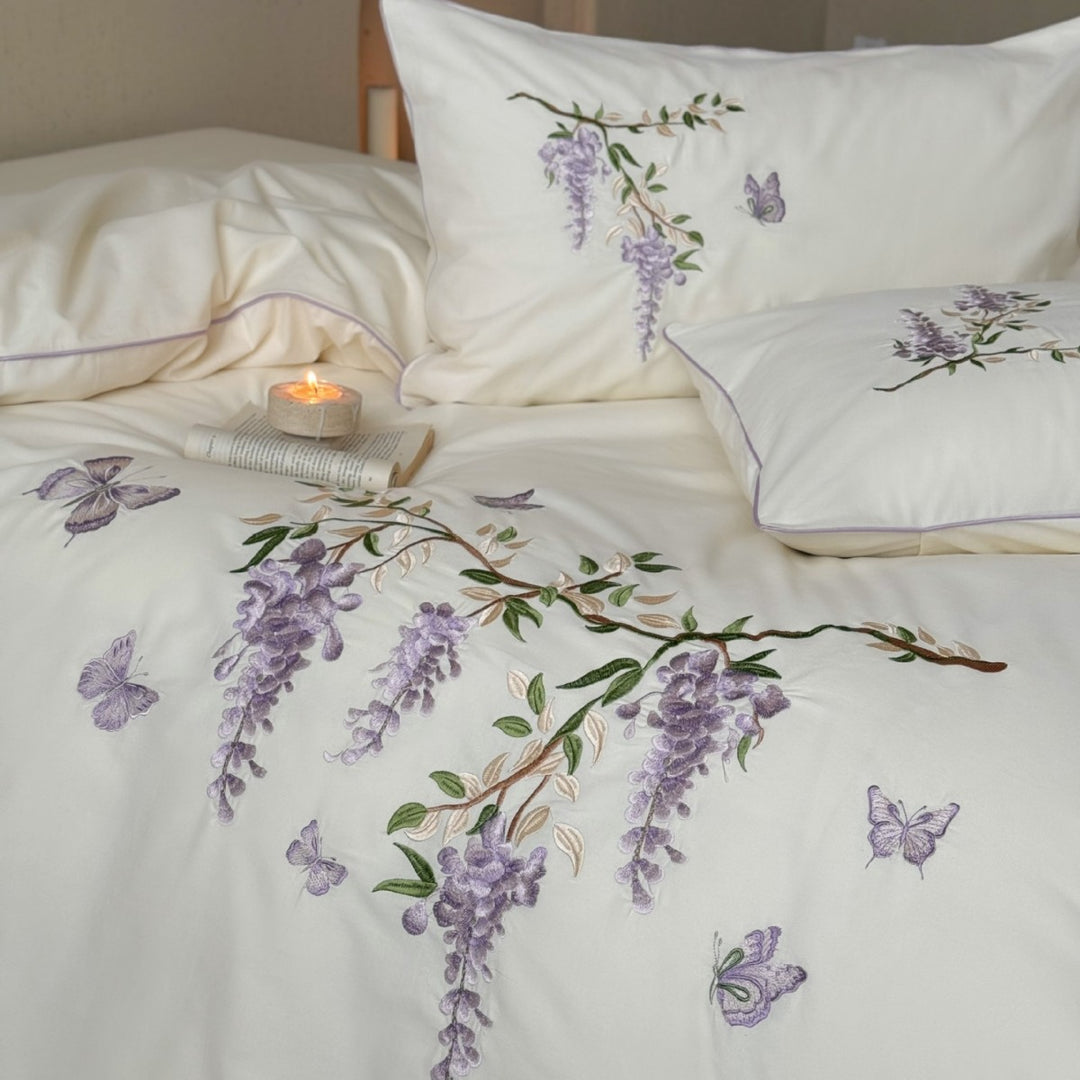 Reversible Silk-Effect Embroidered Wisteria Duvet Cover Set with Piped Shams