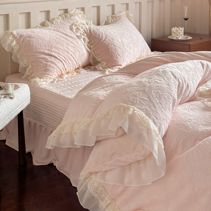 Quilted Jacquard Duvet Cover Set with Lace Ruffle and Decorative Pillow Shams