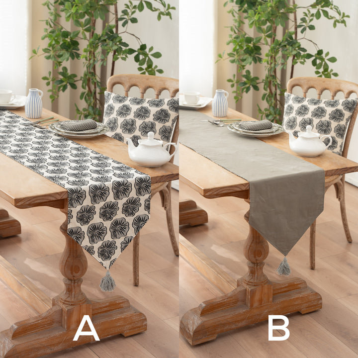 Woven double-sided linen table runner with tassels and hand-drawn swallow print Stornfield