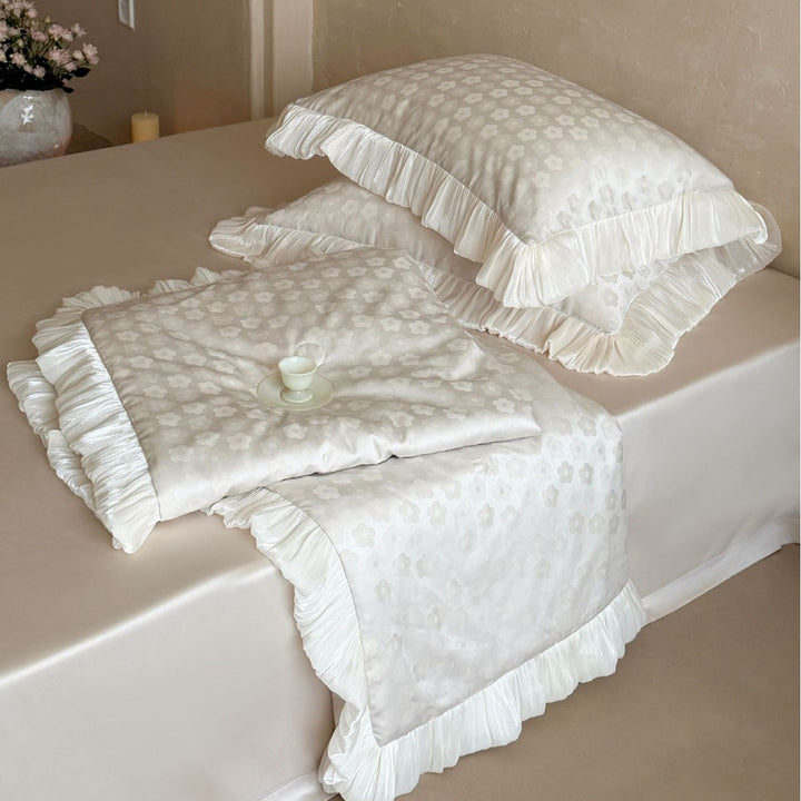 Satin comforter set with pleated ruffles and fine jacquard floral texture