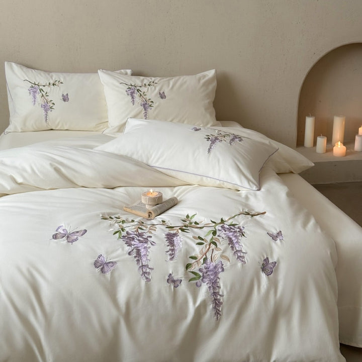Reversible Silk-Effect Embroidered Wisteria Duvet Cover Set with Piped Shams