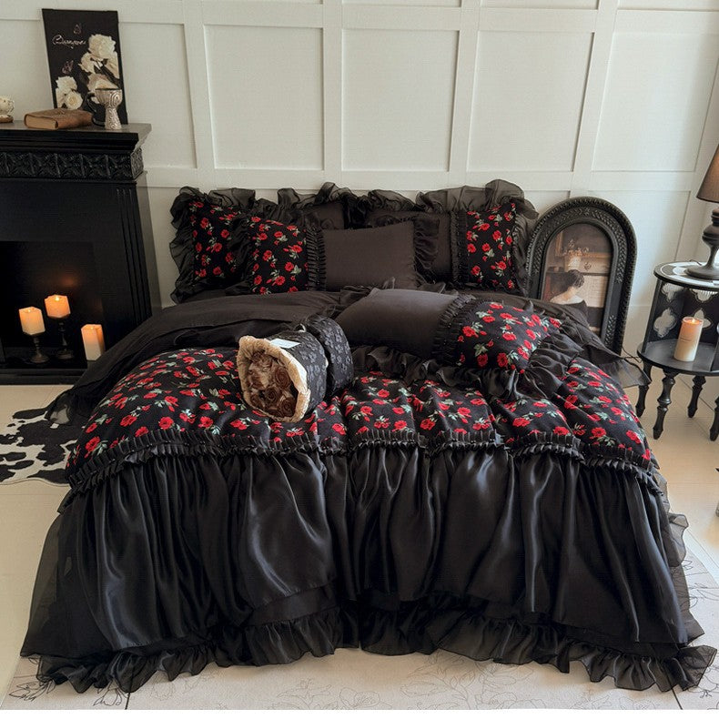 Luxury Romantic Ruffled Floral Satin Duvet Cover Bedding Set
