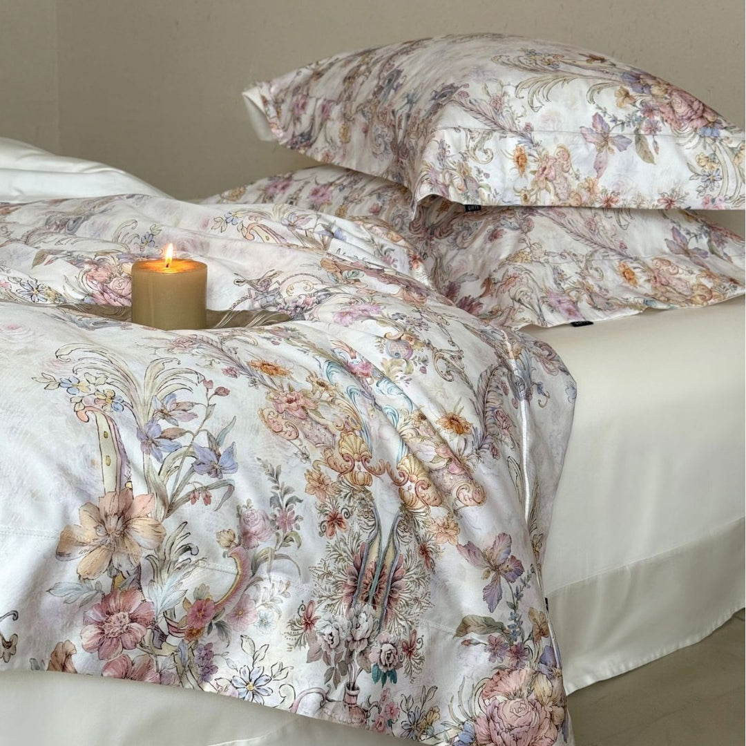 Vintage Floral Cotton Sateen Duvet Cover Set with Reversible Print and Envelope Closure