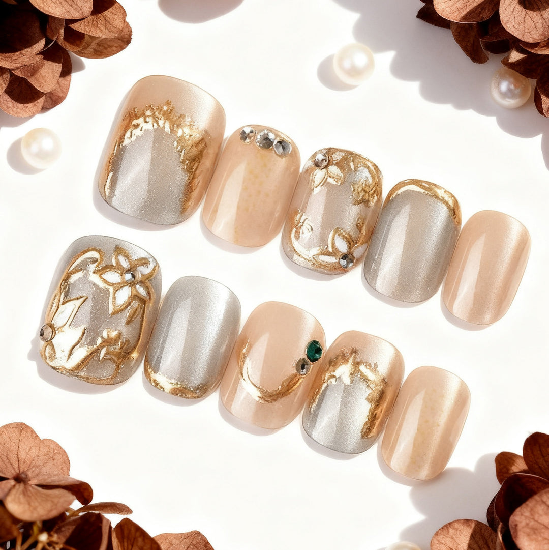 Decorative Press-On Nail Art Set with Elegant Floral Embellishments Stornfield