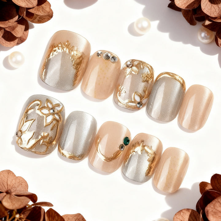 Decorative Press-On Nail Art Set with Elegant Floral Embellishments Stornfield