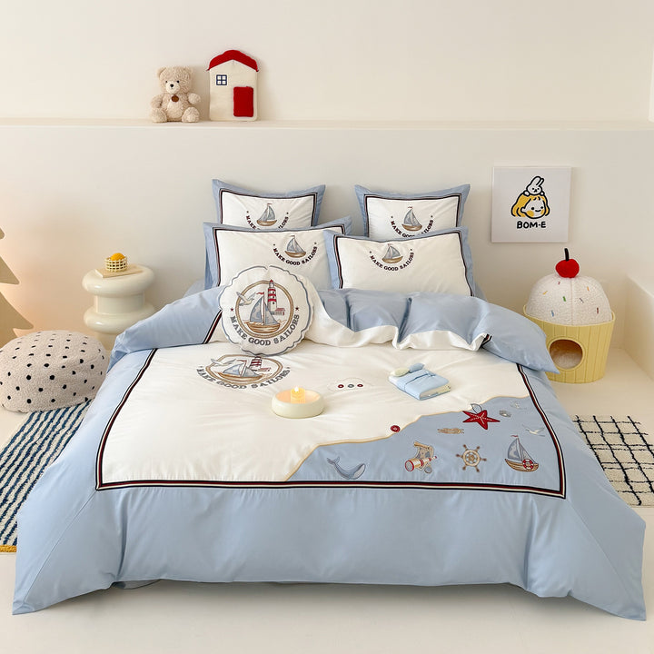 Children's Nautical Embroidered Cotton Sateen Duvet Cover Set