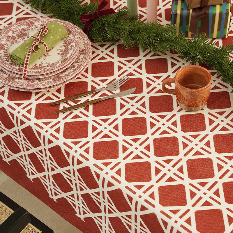Jacquard-woven tablecloth with geometric pattern and water-repellent surface