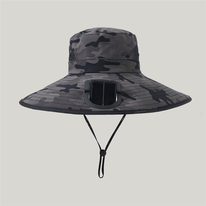 Wide-brimmed outdoor sun hat with solar-powered micro fan, breathable mesh and adjustable chin strap Stornfield