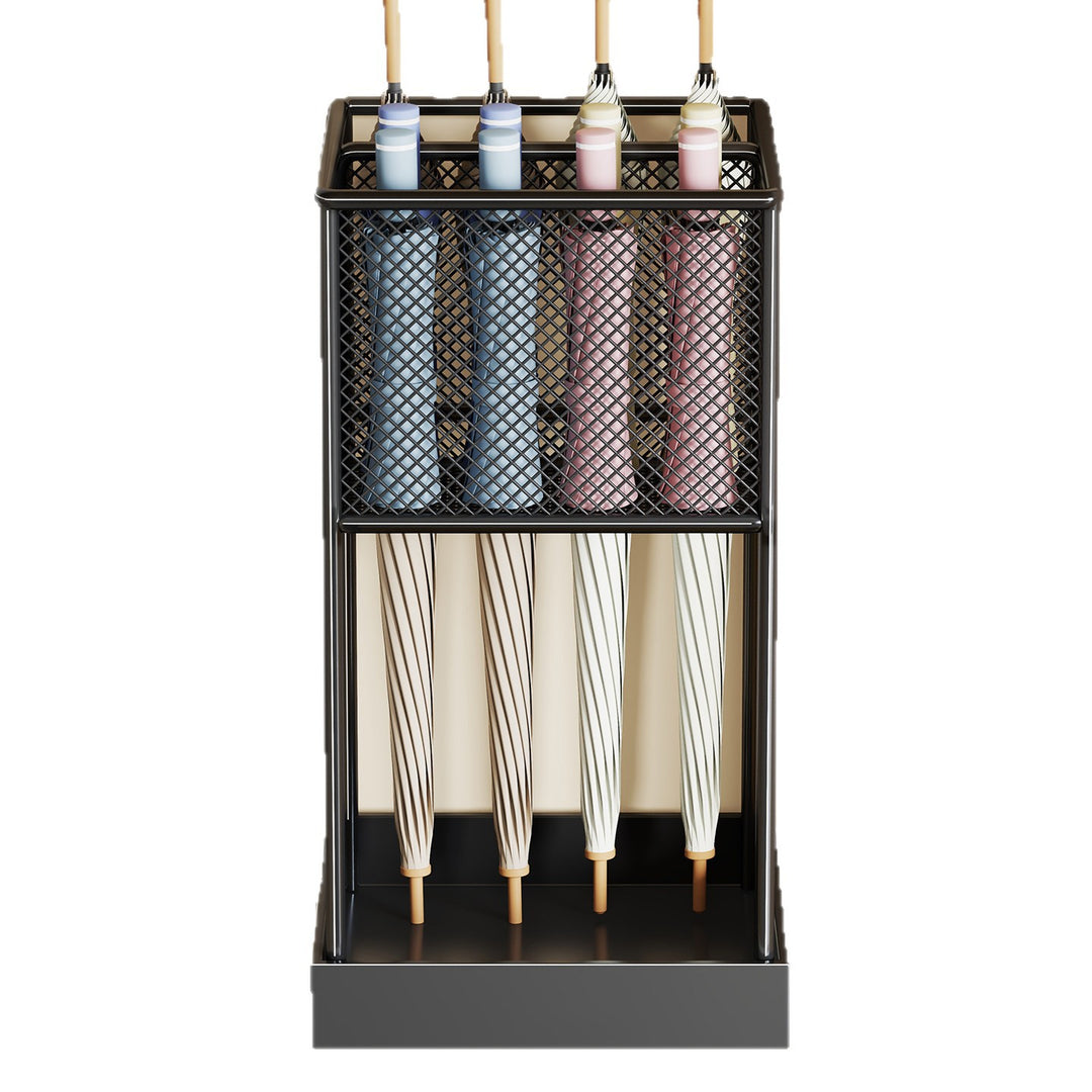 Two-Tier Clear Acrylic Multi-Slot Umbrella Organizer Stand with Perforated Drip Tray and Powder-Coated Metal Frame