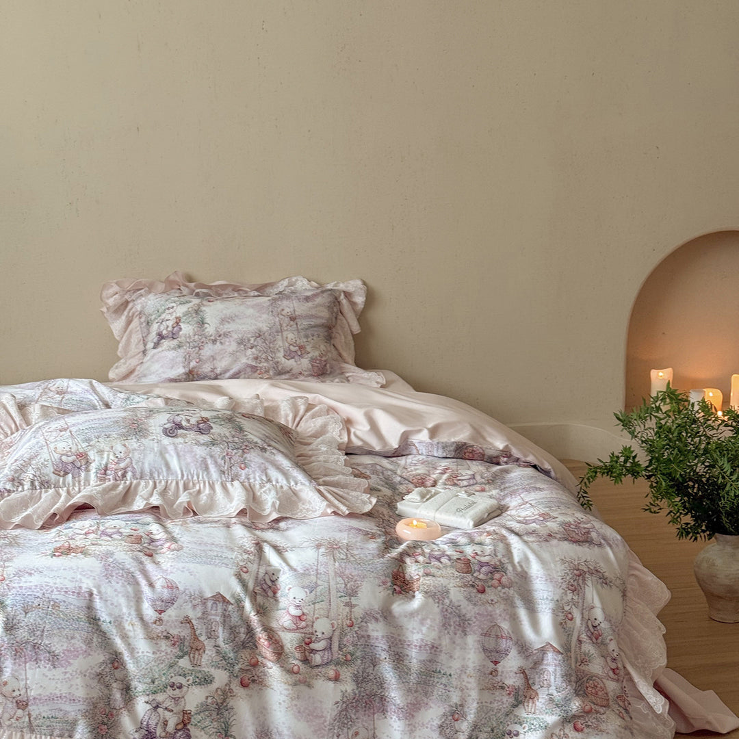 Ruffled Cotton-Sateen Reversible Duvet Cover Set with Pastel Fantasy Animal Print and Lace-Trim Pillow Shams