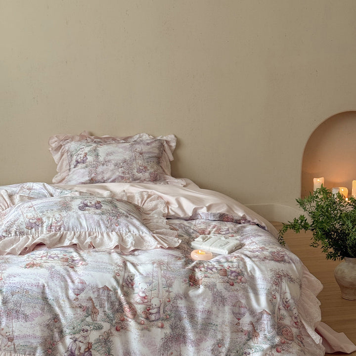 Ruffled Cotton-Sateen Reversible Duvet Cover Set with Pastel Fantasy Animal Print and Lace-Trim Pillow Shams
