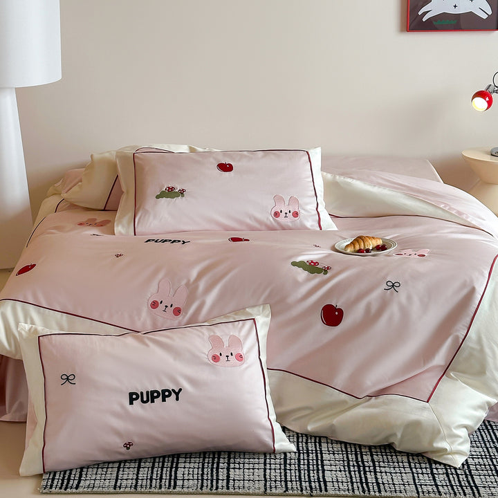 Cartoon Embroidered Cotton Sateen Duvet Cover Set with Piped Edge and Pillow Shams