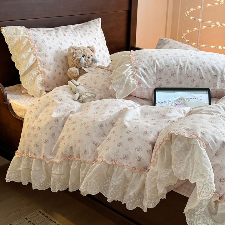 Floral Cotton Blend Duvet Cover Set with Lace Ruffle and Pillow Shams