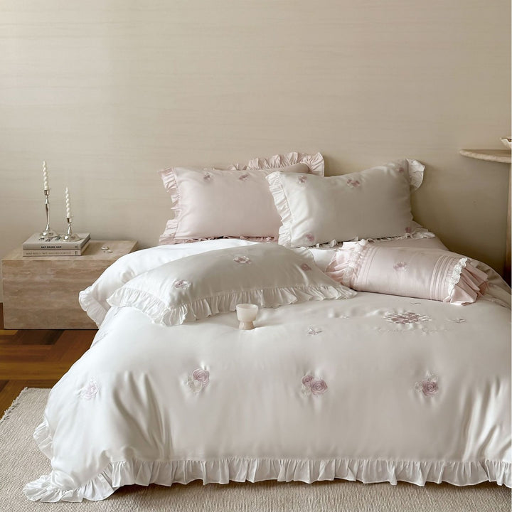 Satin Rose-Embroidered Ruffled Duvet Cover Ensemble with Decorative Bolster and Frilled Pillow Shams