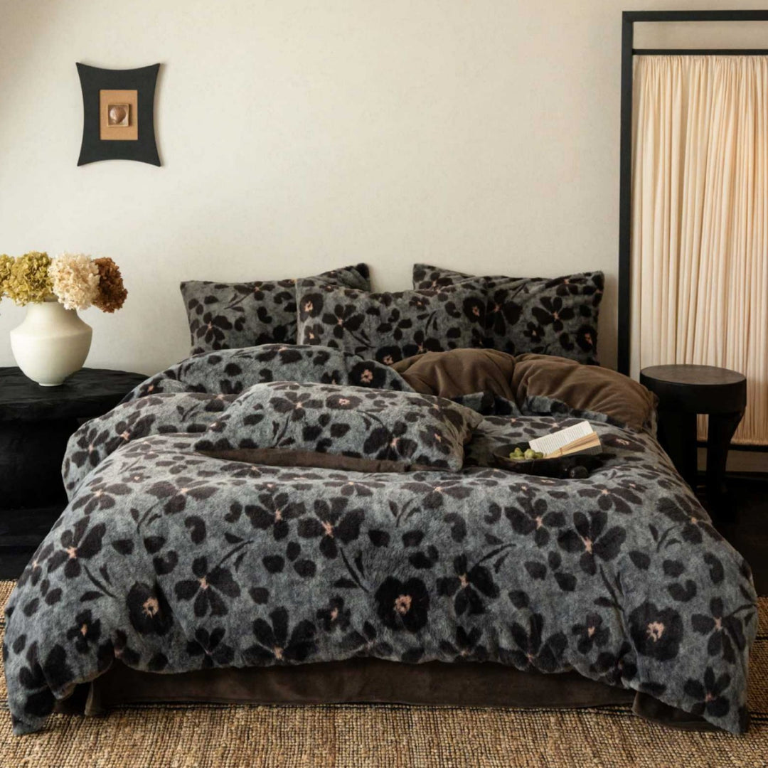 Plush Reversible Floral Fleece Duvet Cover and Pillowcase Set