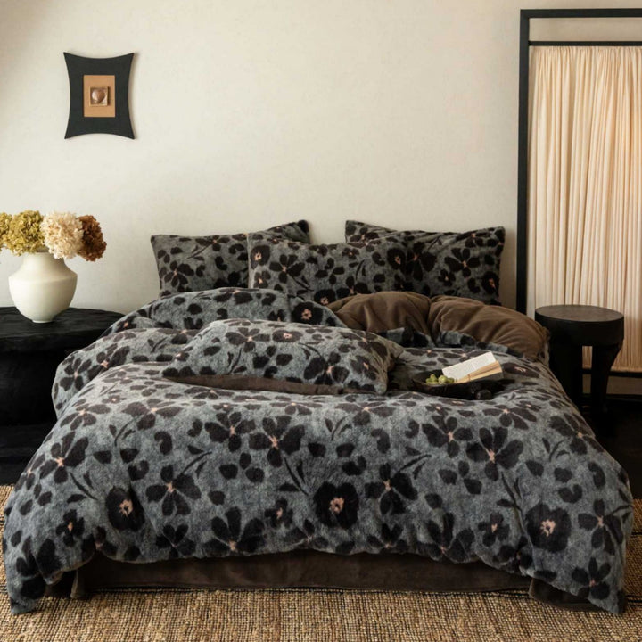 Plush Reversible Floral Fleece Duvet Cover and Pillowcase Set