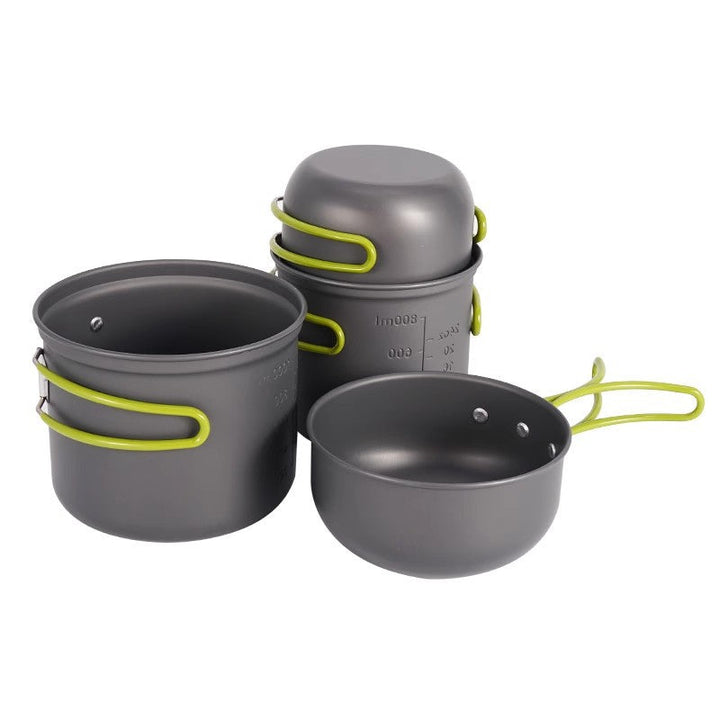 lightweight nesting anodized camping cookware set with folding silicone handles and measurement marks Stornfield