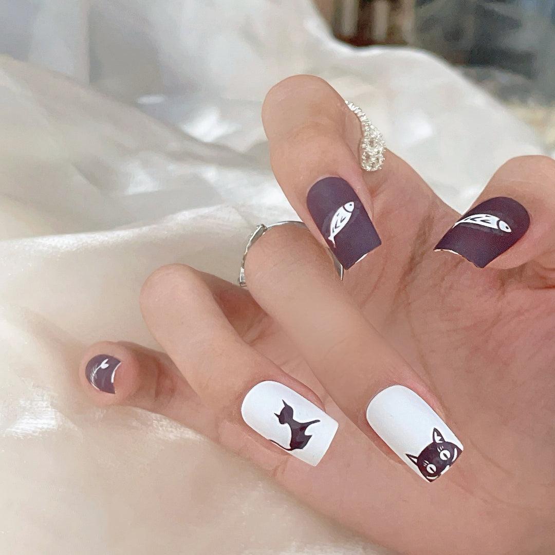 Whimsical Cat-Themed Press-On Nail Art Set