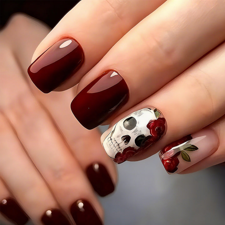 Artistic Nail Tips with Skull and Rose Pattern Stornfield