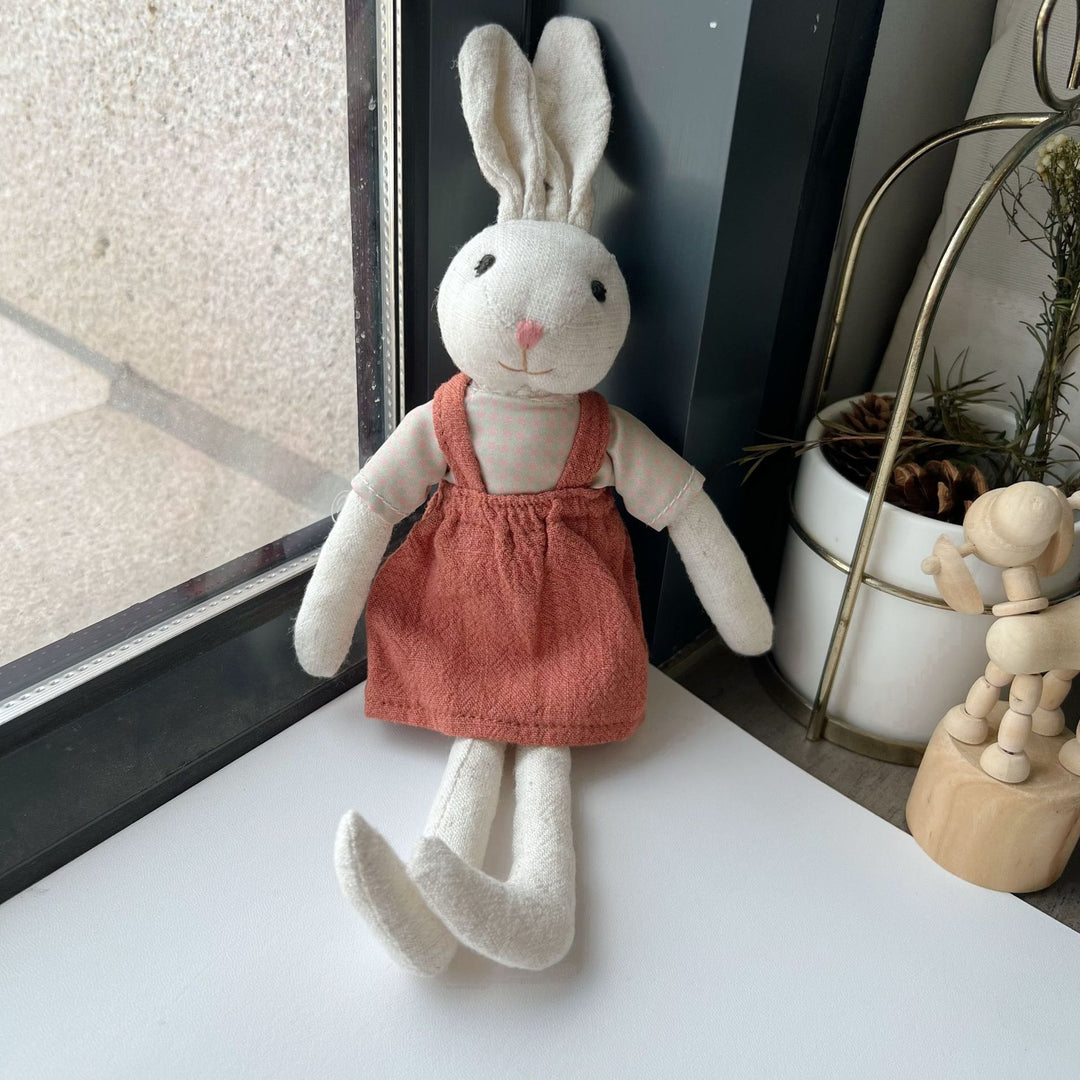 Handcrafted Linen Elephant Plush Doll with Striped Ruffle Collar and Soft Romper