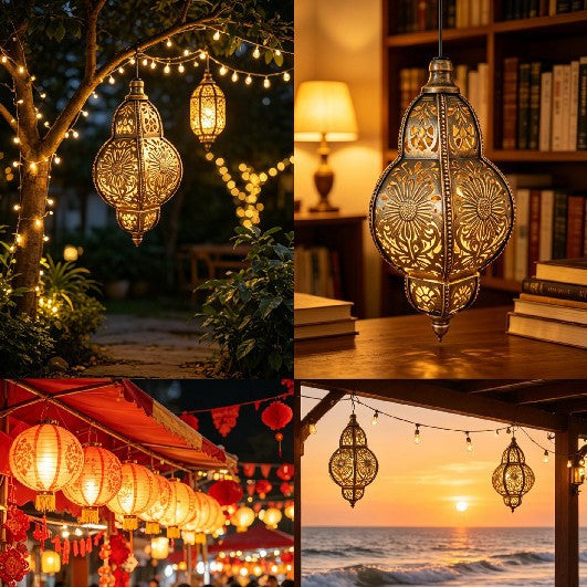 Ornate Moroccan Cutout Metal Hanging Pendant Light With Decorative Shadow Projection And Ceiling Canopy Stornfield