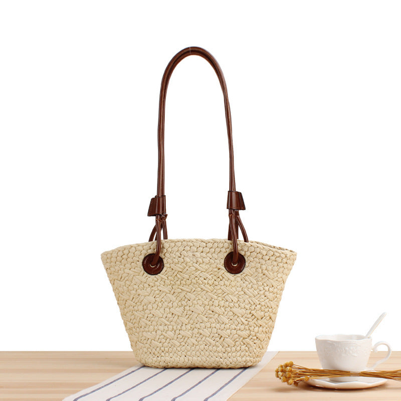 Handmade beach bag with brown leather handles Stornfield