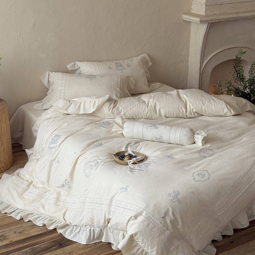 Embroidered Linen Ruffled Duvet Cover Set with Lace Trim and Decorative Bolster