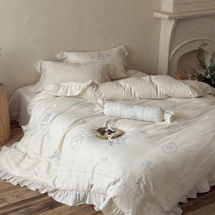 Embroidered Linen Ruffled Duvet Cover Set with Lace Trim and Decorative Bolster