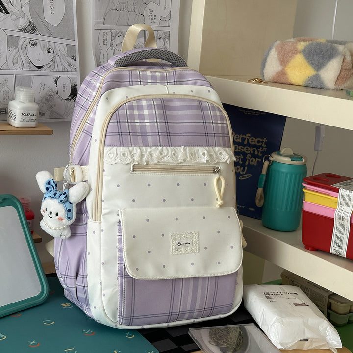 Plaid Patterned School Backpack with Cute Bunny Keychain Stornfield