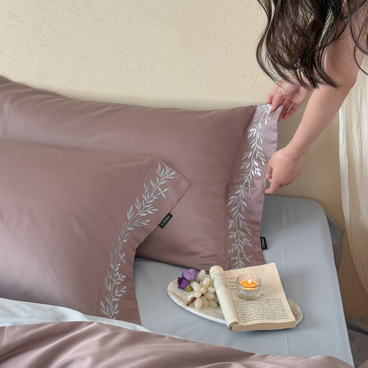 Reversible Silky Sateen Embroidered Duvet Cover Set with Pillowcases