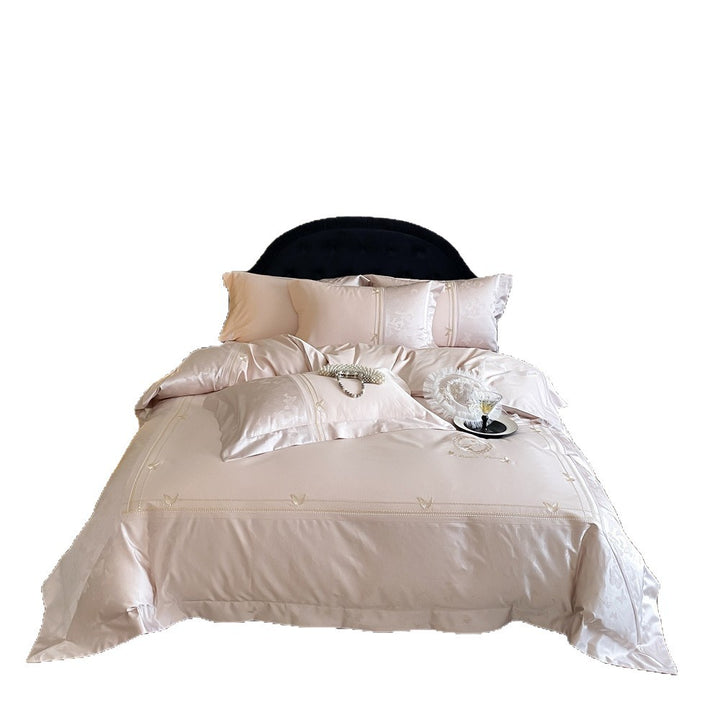 Elegant satin bedding set with pearl border, jacquard floral and butterfly pattern