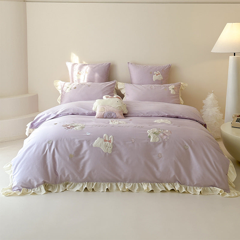 Ruffled Cotton-Linen Duvet Cover Set with Embroidered Bunny Appliqué and Decorative Shams