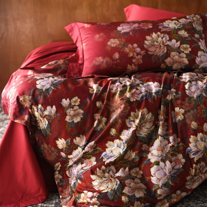 Botanical Painterly Floral Cotton-Sateen Duvet Cover Ensemble with Silky Sheen and Hidden Closure