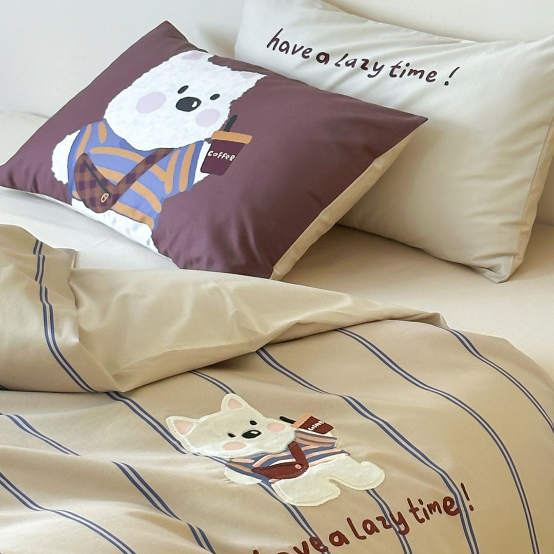 Polka Dot Embroidered Cotton Sateen Duvet Cover Set with Cute Black Cat Applique